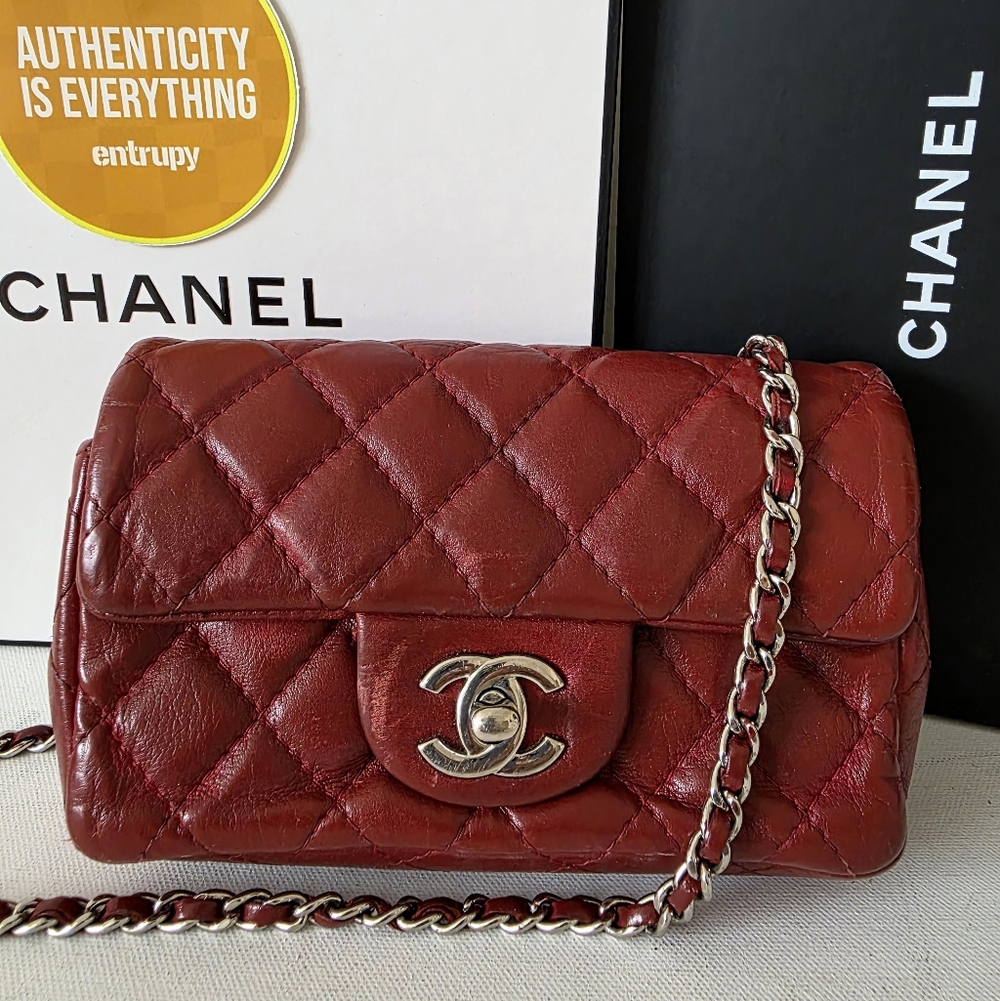Chanel CC Lock Flap Crossbody Bag  Matellase Burgundy Calfskin + Box